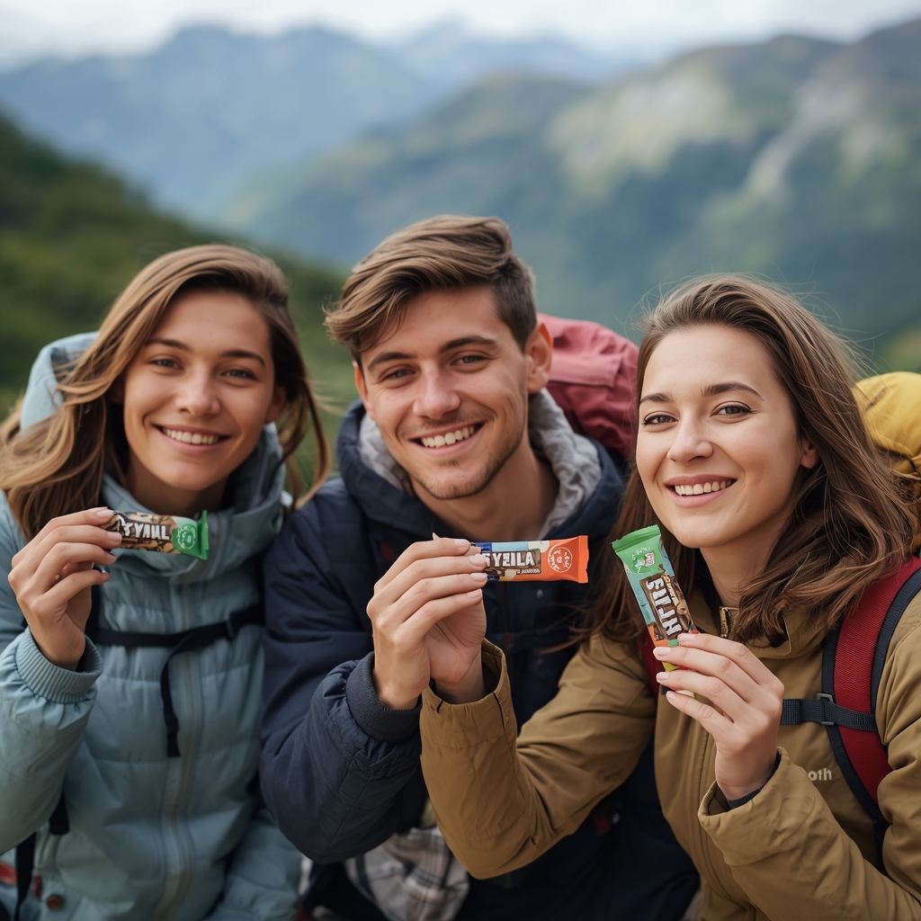 Three hikers enjoying nutrition bars in the mountains