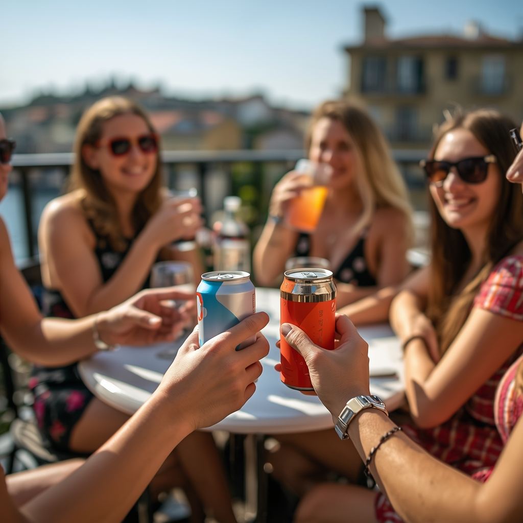 Friends sharing refreshing drinks on a sunny European rooftop